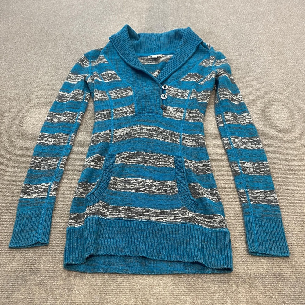 Guess Sweater Womens XS Blue Gray Stripe Shawl Collar Tunic Long Sleeve Pullover